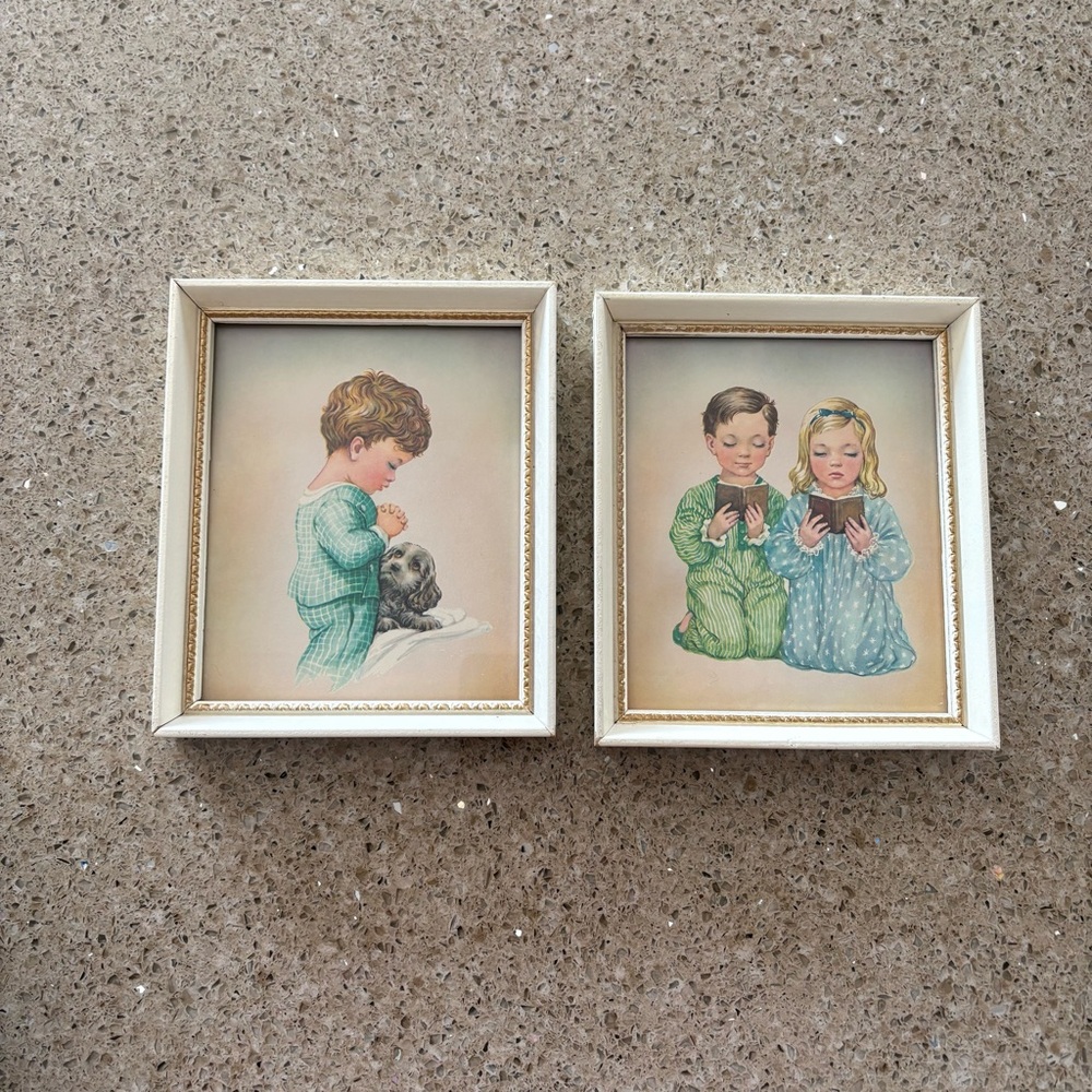 Vintage-Style Children Prayer Wall Art Pair - Green & Blue